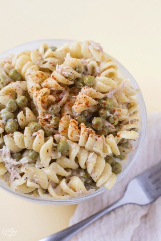 Tuna Pasta Salad in a bowl on the counter with a fork.