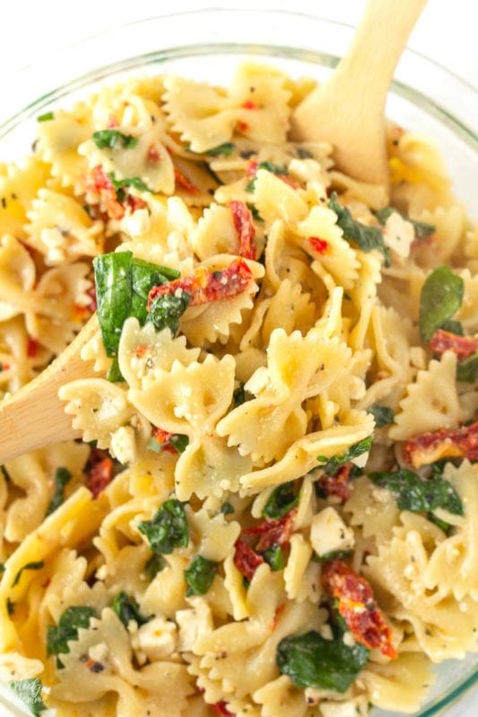 Sundried Tomato Pasta Salad with Spinach and Feta Cheese
