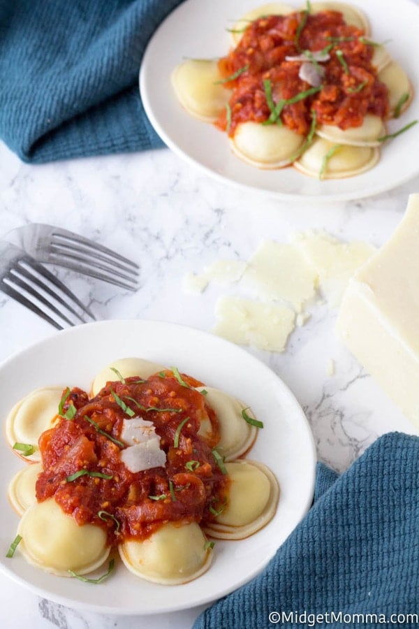 Simple Spicy Pasta Sauce over ravioli noodles on a plate