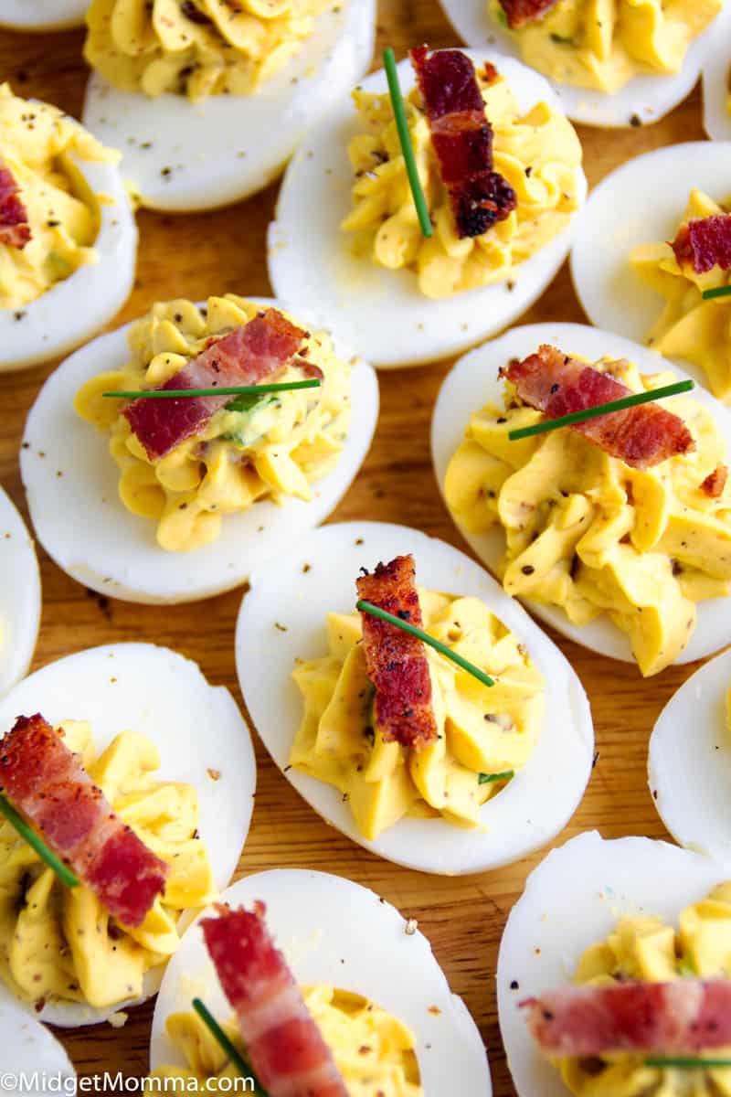 Bacon Deviled Eggs- How to Make Deviled Eggs with Bacon - bacon deviled eggs on a platter