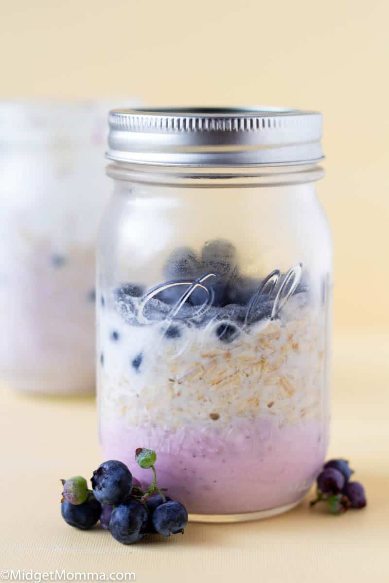 Mason jar with blueberry overnight oats