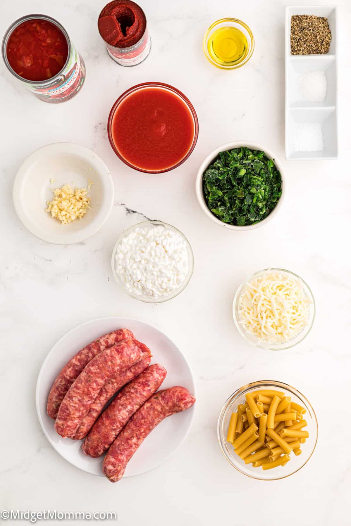 Sausage and Spinach Baked Ziti ingredients