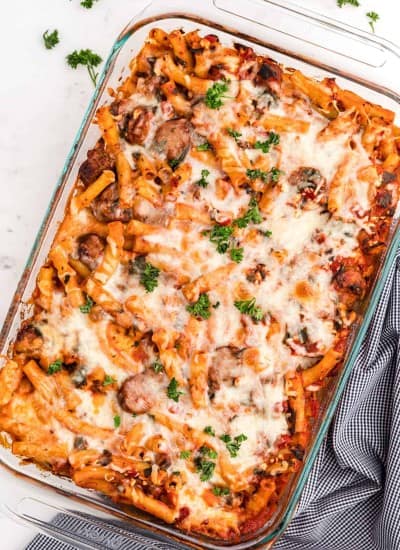 Sausage and Spinach Baked Ziti recipe in a baking dish