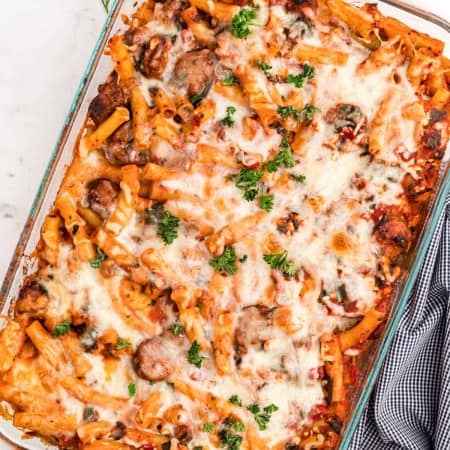 Sausage and Spinach Baked Ziti recipe in a baking dish