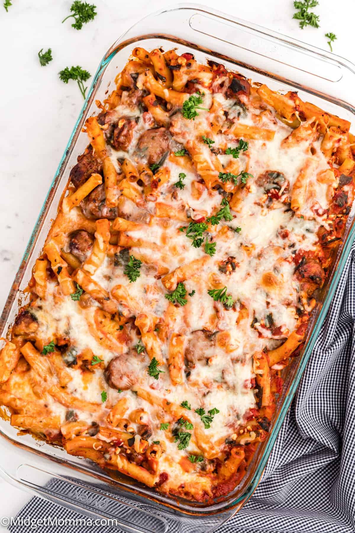 Sausage and Spinach Baked Ziti recipe in a baking dish