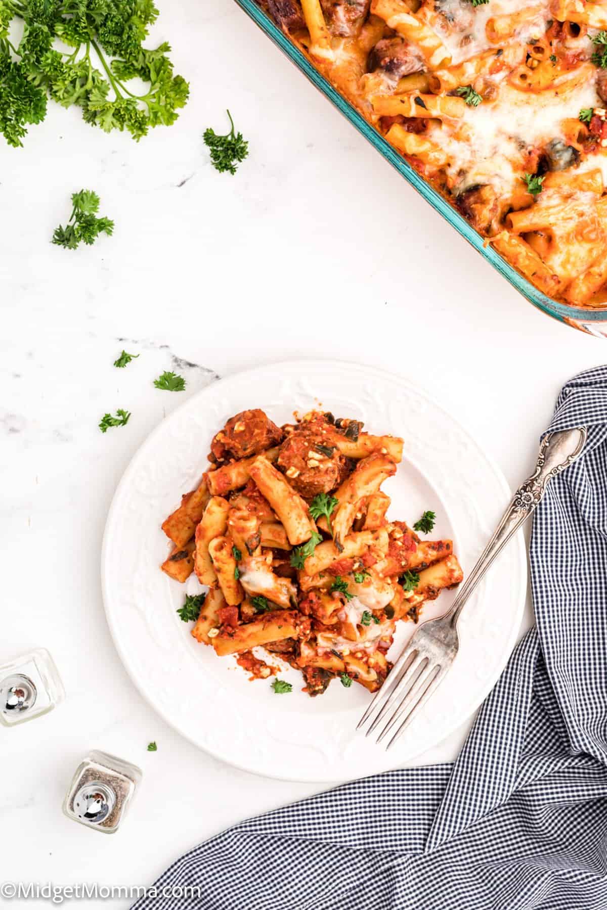 overhead photo of Sausage and Spinach Baked Ziti on a plate