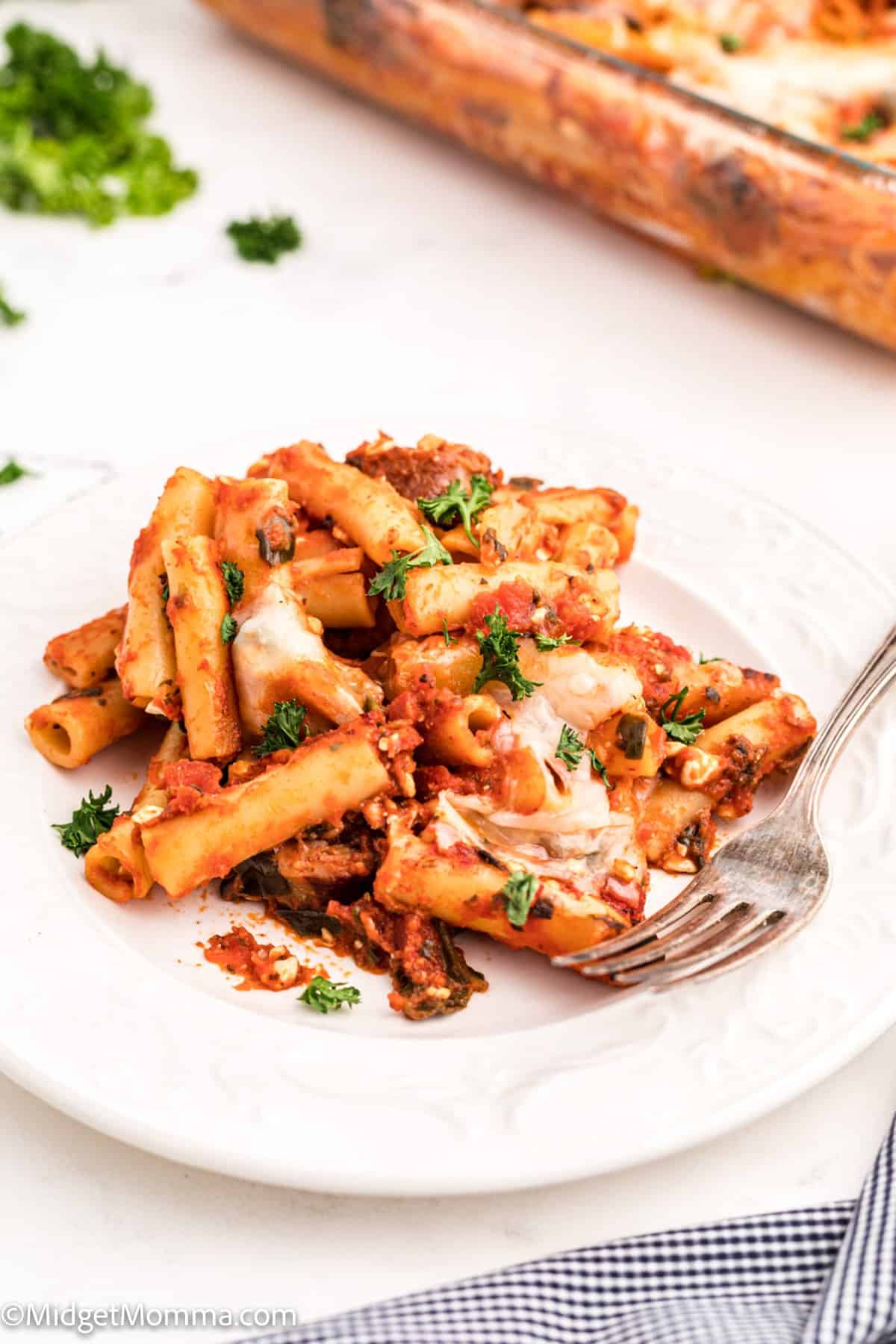 Sausage and Spinach Baked Ziti recipe on a plate