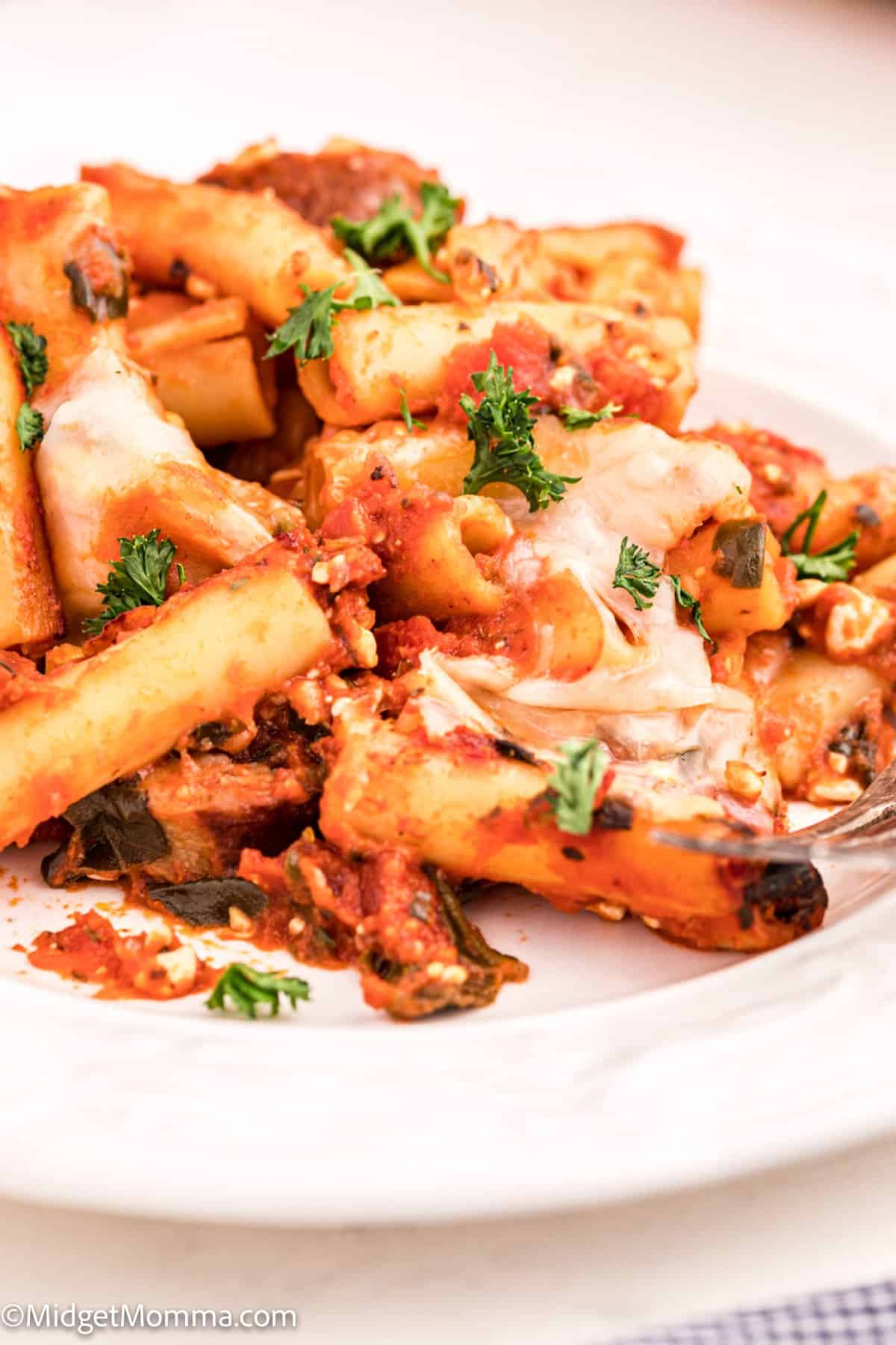 close up photo of Sausage and Spinach Baked Ziti recipe