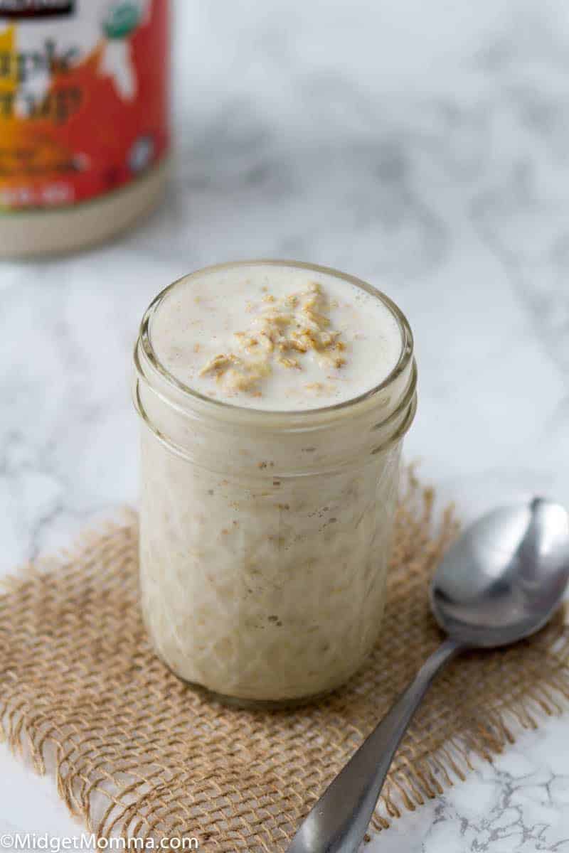 homemade overnight oats in a mason jar with maple syrup