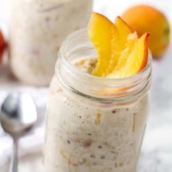 Peach overnight oats recipe in a mason jar