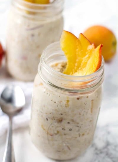 Peach overnight oats recipe in a mason jar