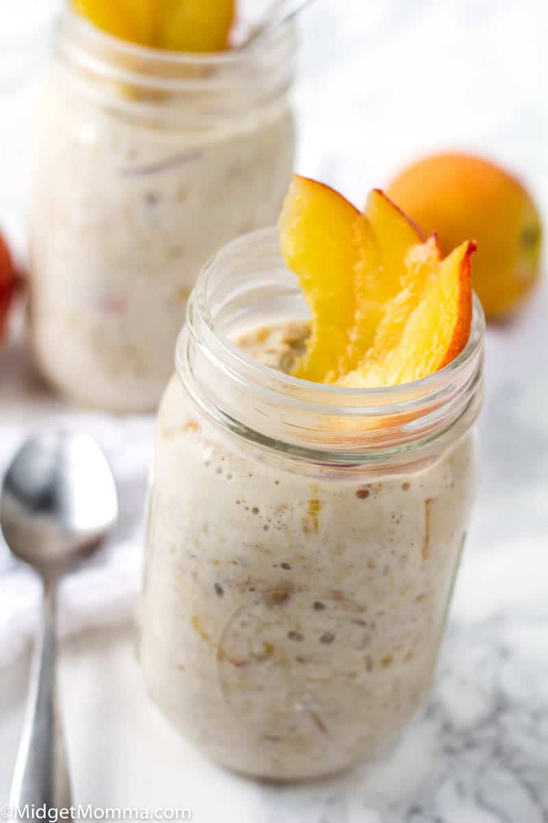 Peach overnight oats recipe in a mason jar