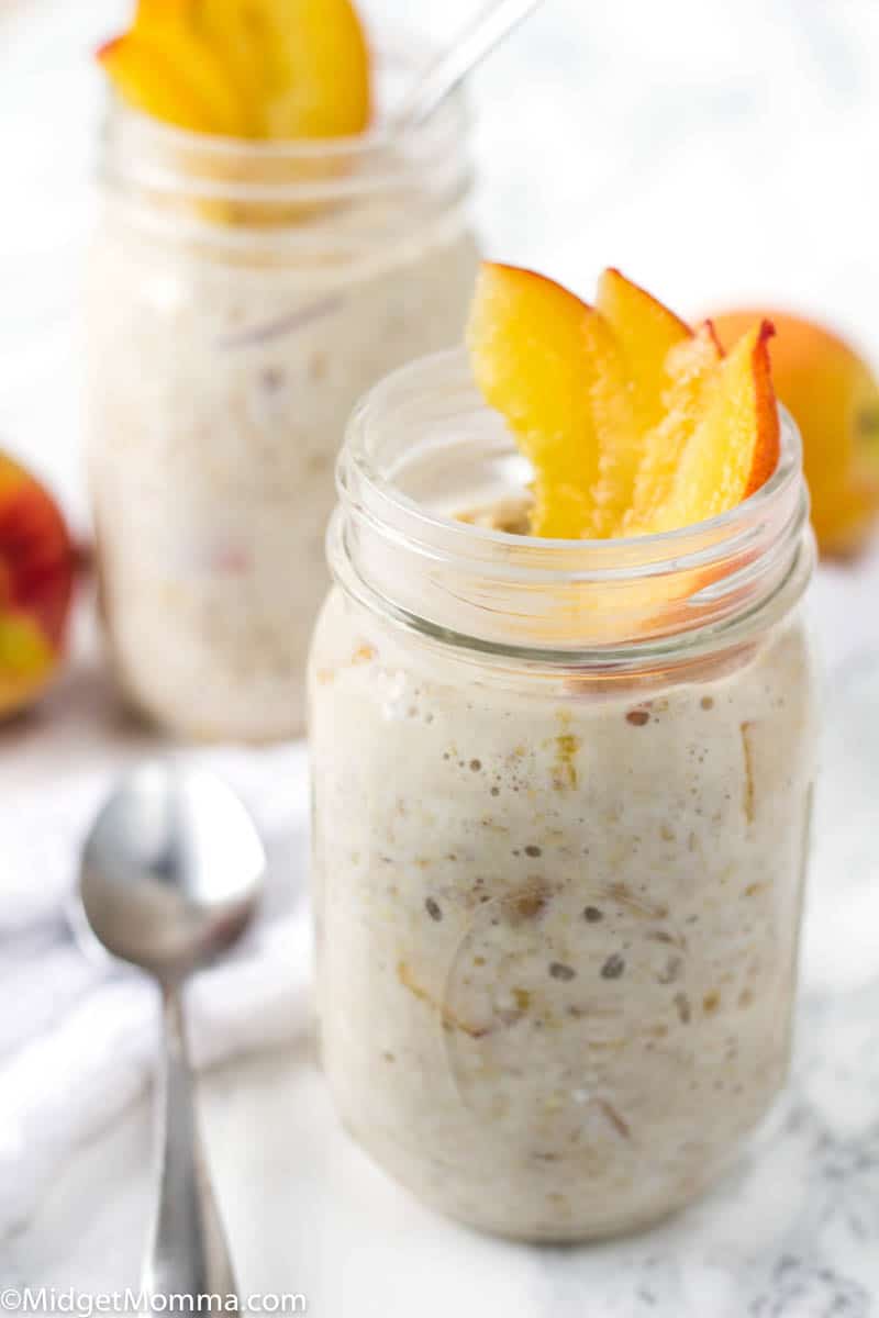 Jar of overnight oats with peaches