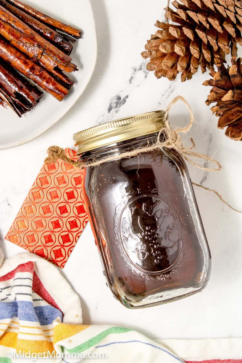 Over head shot of Cinnamon Dolce Syrup Recipe with a gift tag