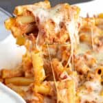 Easy Baked Ziti in a white baking dish