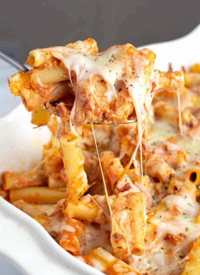 Easy Baked Ziti in a white baking dish