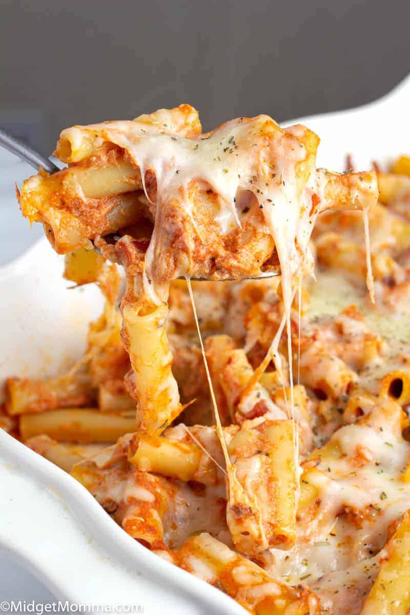 Easy Baked Ziti in a white baking dish