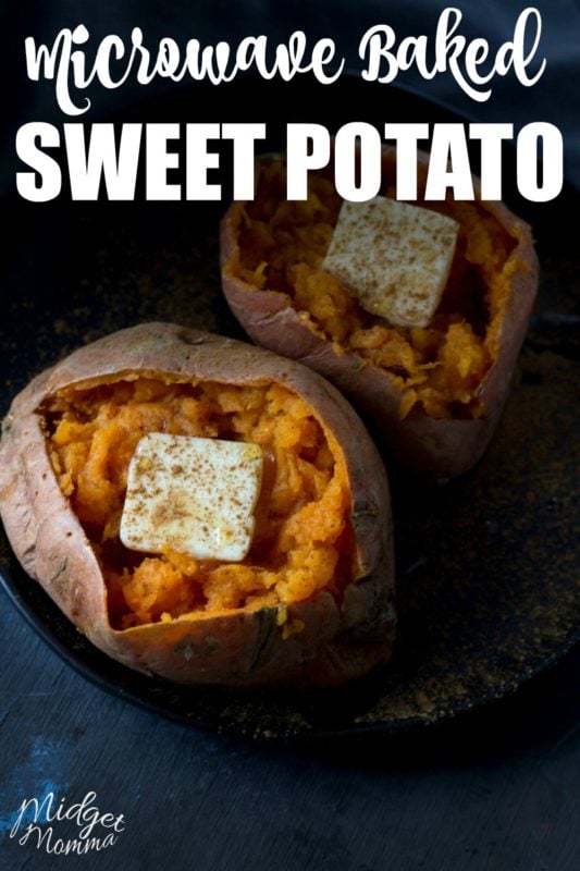 microwave baked sweet potato recipe cooked and served on a plate