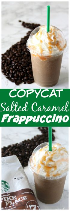 This Copycat frappuccino recipe is by far my favorite. It is a total Starbucks Copycat recipe and amazing. This Salted Caramel Frappuccino tastes just like the drink you get at Starbucks, but you can make this caramel frappuccino at home. You are going to love this Salted Caramel Frappuccino Starbucks Drink Copycat that you can make right at home! #Copycat #Copycatrecipe #caramel #caramelfrapuccino #SaltedCaramel #SaltedCaramelFrapuccino #Frappuccino #SaltedCaramelDrink