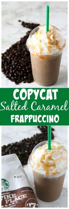This Copycat frappuccino recipe is by far my favorite. It is a total Starbucks Copycat recipe and amazing. This Salted Caramel Frappuccino tastes just like the drink you get at Starbucks, but you can make this caramel frappuccino at home. You are going to love this Salted Caramel Frappuccino Starbucks Drink Copycat that you can make right at home! #Copycat #Copycatrecipe #caramel #caramelfrapuccino #SaltedCaramel #SaltedCaramelFrapuccino #Frappuccino #SaltedCaramelDrink