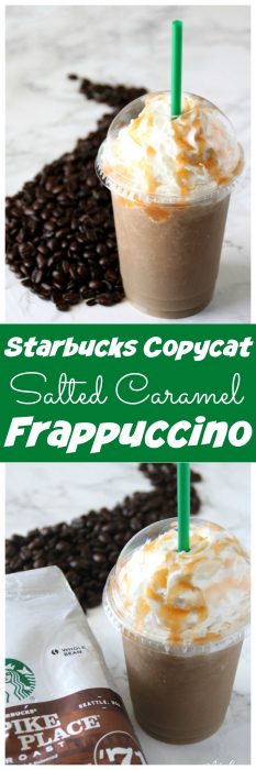 This Copycat frappuccino recipe is by far my favorite. It is a total Starbucks Copycat recipe and amazing. This Salted Caramel Frappuccino tastes just like the drink you get at Starbucks, but you can make this caramel frappuccino at home. You are going to love this Salted Caramel Frappuccino Starbucks Drink Copycat that you can make right at home! #Copycat #Copycatrecipe #caramel #caramelfrapuccino #SaltedCaramel #SaltedCaramelFrapuccino #Frappuccino #SaltedCaramelDrink