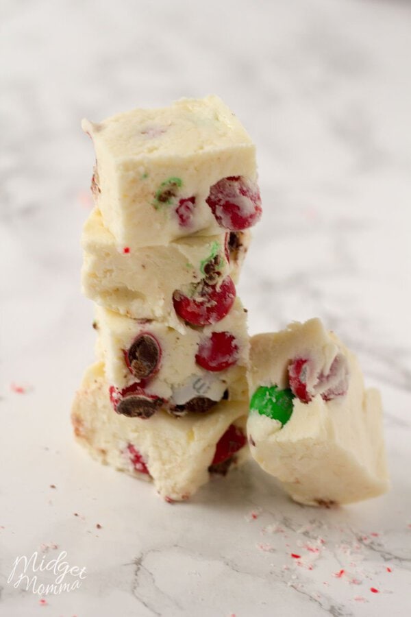 stack of white chocolate fudge with M&MS