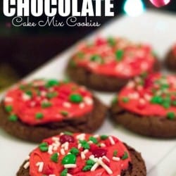Fresh baked chocolate cake cookies with red frosting and christmas sprinkles
