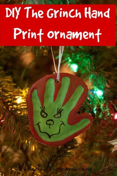 Homemade air dry clay grinch hand print ornament