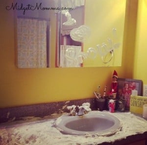 Easy Elf on the Shelf Ideas - Elf on the shelf sitting in the bathroom covered in shaving cream