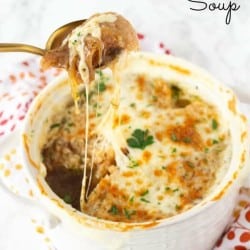 This French Onion Soup will make your guest feel like you spend a lot of time making it. Easy French Onion Soup is actually a simple soup with rich full beefy flavor. Making this homemade french onion soup will make you feel fancy right at home while enjoying this amazing homemade soup recipe. #FrenchOnion #SoupRecipe #FrenchOnionSoup #EasySoupRecipe
