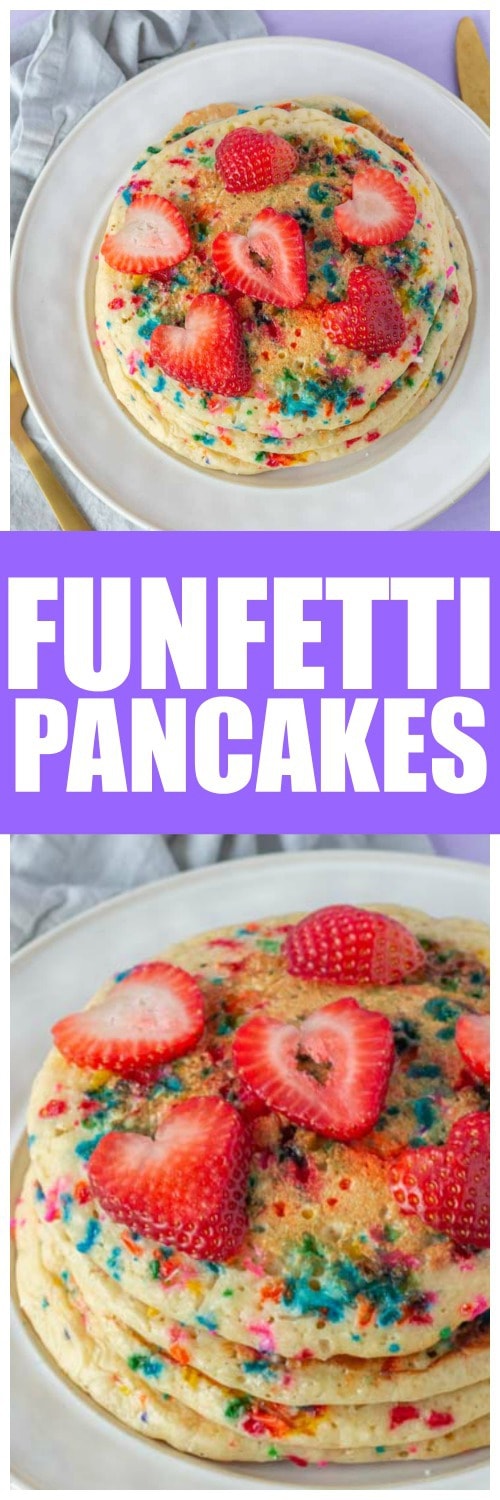 These funfetti pancakes are the perfect birthday pancakes recipe! Every kid will love waking up to these homemade birthday pancakes! #Pancakes #PancakeRecipe #HomemadePancake #FunFetti #Birthday #BirthdayCake #CakeBatter #CakePancake