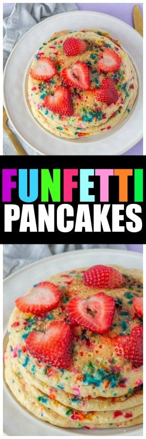 These funfetti pancakes are the perfect birthday pancakes recipe! Every kid will love waking up to these homemade birthday pancakes! #Pancakes #PancakeRecipe #HomemadePancake #FunFetti #Birthday #BirthdayCake #CakeBatter #CakePancake