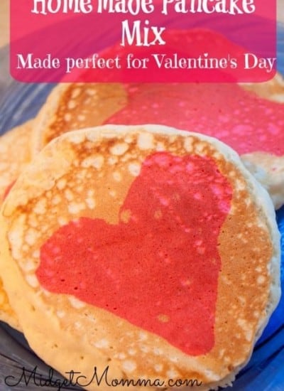 This Homemade Pancake Mix makes pancakes that are light and fluffy. With just a little food coloring you can add a fun heart to the middle of your pancakes.