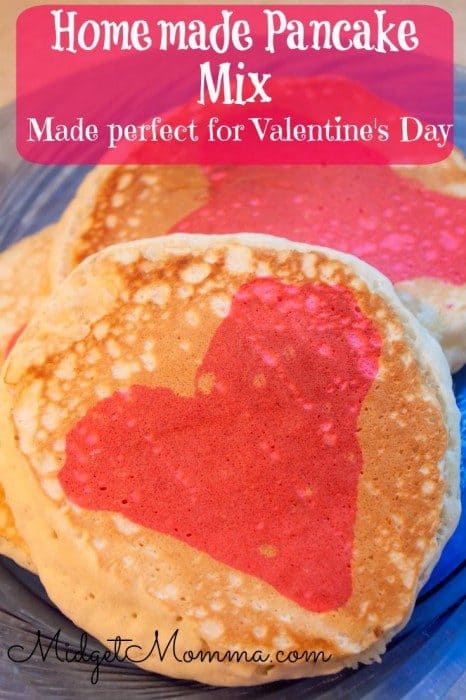 This Homemade Pancake Mix makes pancakes that are light and fluffy. With just a little food coloring you can add a fun heart to the middle of your pancakes.