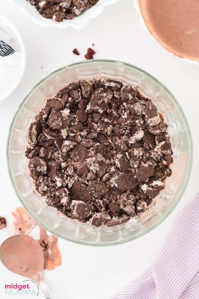 Oreo Cookie layer of chocolate trifle close up in the trifle dish