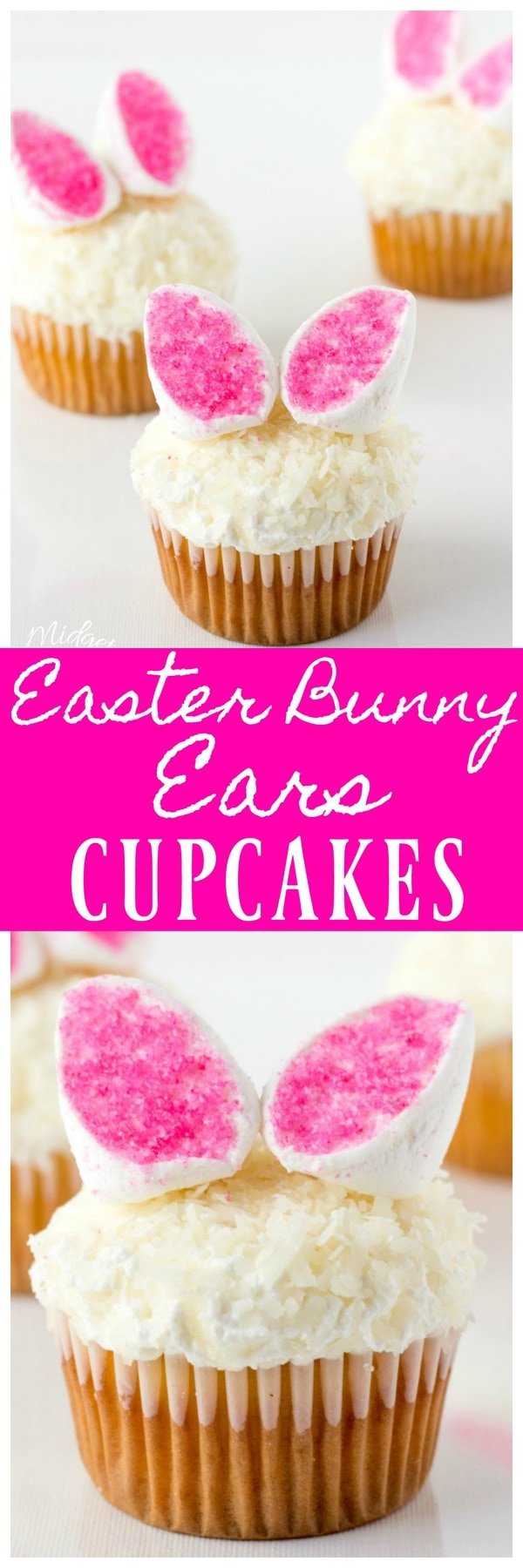 Easter Bunny Ears Cupcakes MidgetMomma These cute bunny ear cupcakes will make any one smile. They have a simple flavor with the addition of coconut and marshmallows.