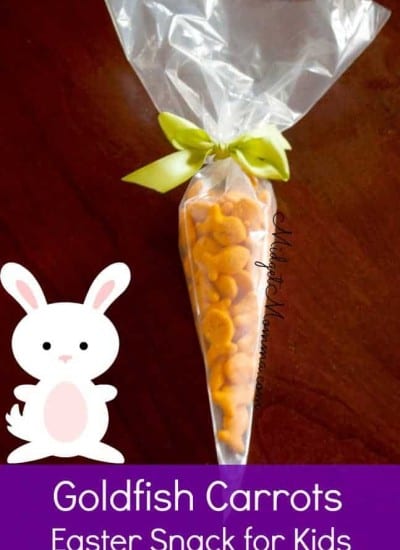 This cute snack is a great idea to bring to any little kids get together for Easter. These are made with goldfish, a pastry bag and some ribbon.