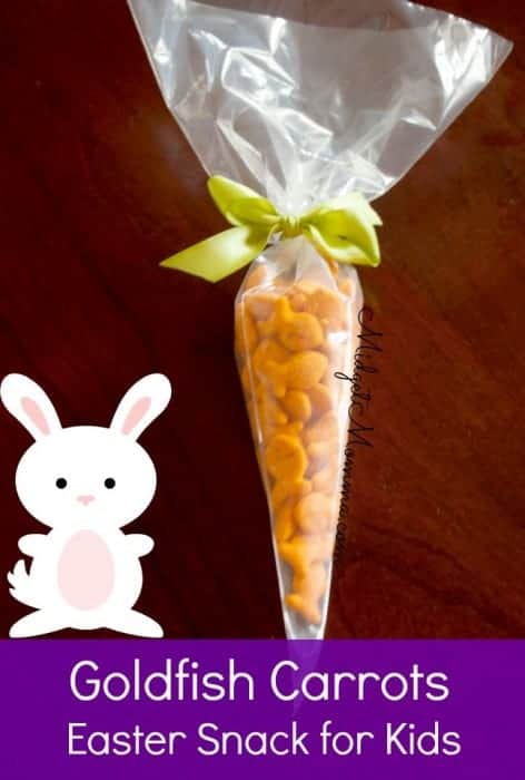 This cute snack is a great idea to bring to any little kids get together for Easter. These are made with goldfish, a pastry bag and some ribbon.