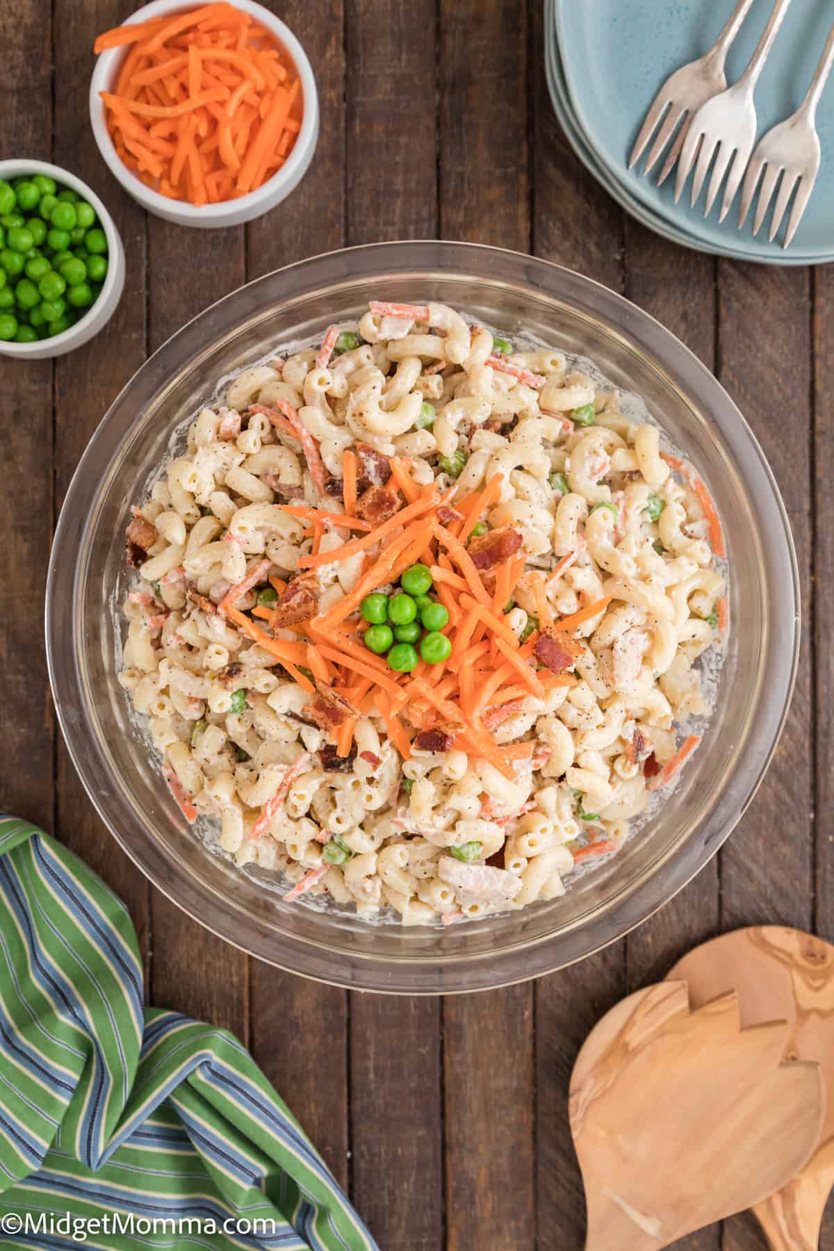 overhead photo of Chicken Bacon Ranch Pasta Salad recipe in a large bowl
