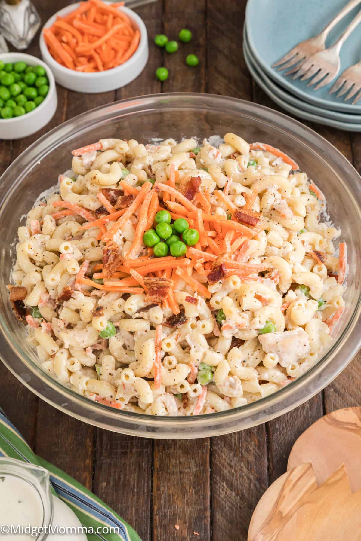 close up photo of bowl of Chicken Bacon Ranch Pasta Salad