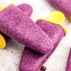 close up photo of yogurt popsicles made with blueberries