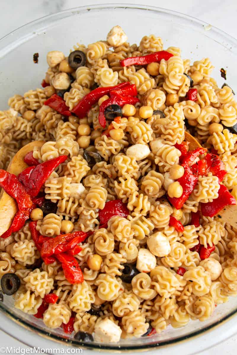 Easy cold pasta salad in a glass bowl