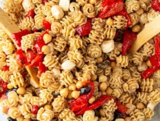 Balsamic roasted red pepper pasta salad in a glass bowl