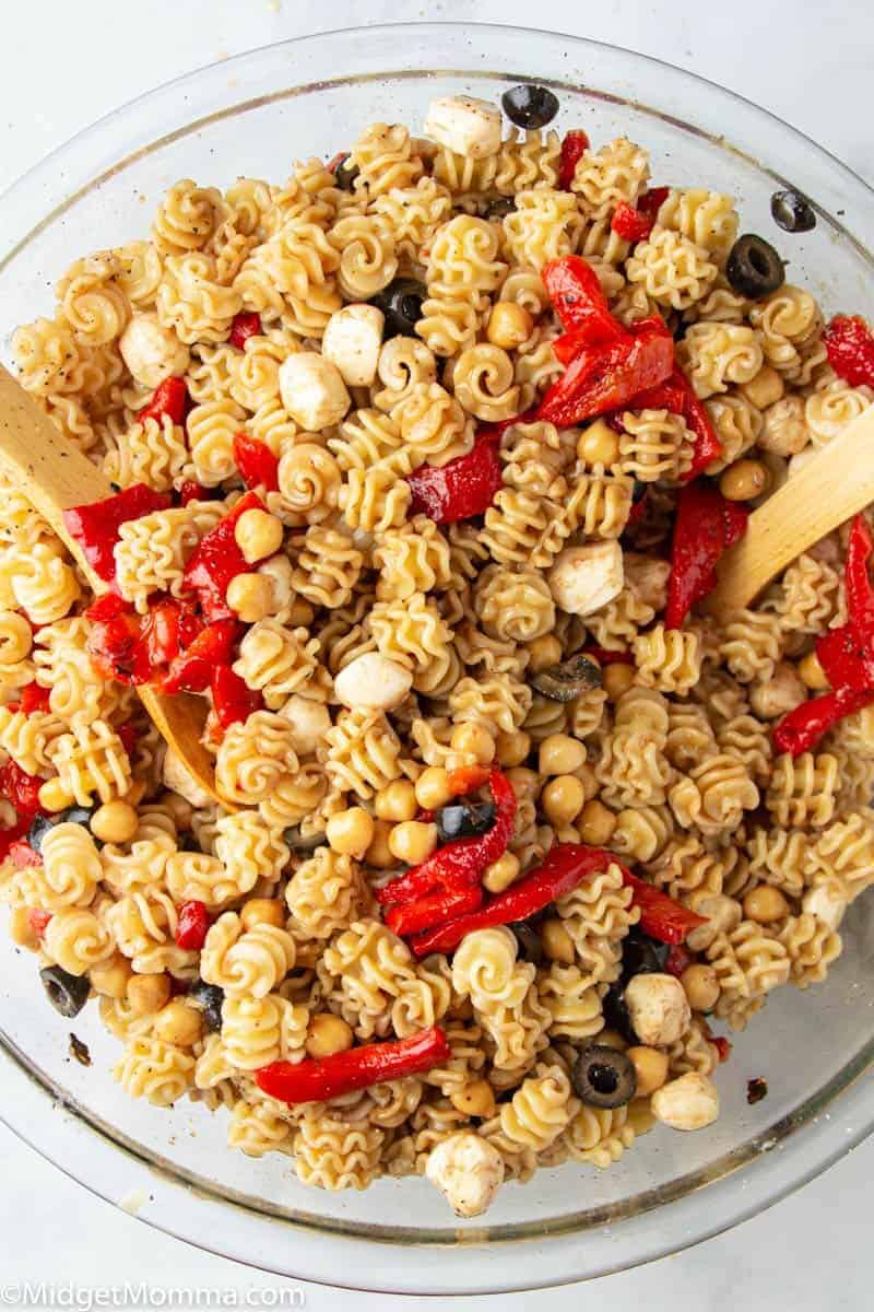 Balsamic roasted red pepper pasta salad in a glass bowl