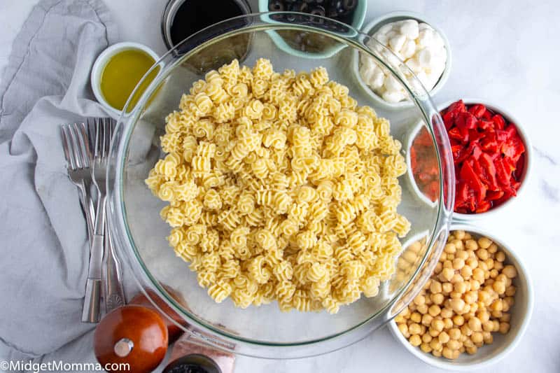 Roasted Red Pepper Pasta Salad ingredients in bowls