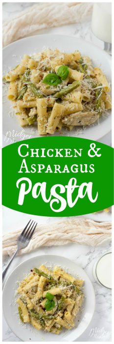 My family loves it when I make this Chicken Asparagus Pasta. It is an easy pasta dish with ziti noodles, chicken and asparagus tossed in a creamy Alfredo Sauce! #Pasta #chicken #Alfredo #Asparagus #PastaDish
