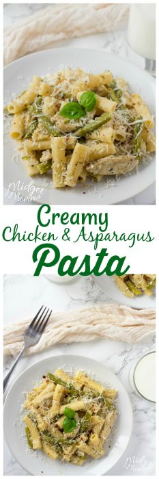 My family loves it when I make this Chicken Asparagus Pasta. It is an easy pasta dish with ziti noodles, chicken and asparagus tossed in a creamy Alfredo Sauce!