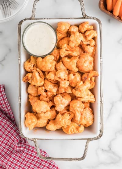 overhead photo of Oven Baked Spicy Buffalo Cauliflower Bites