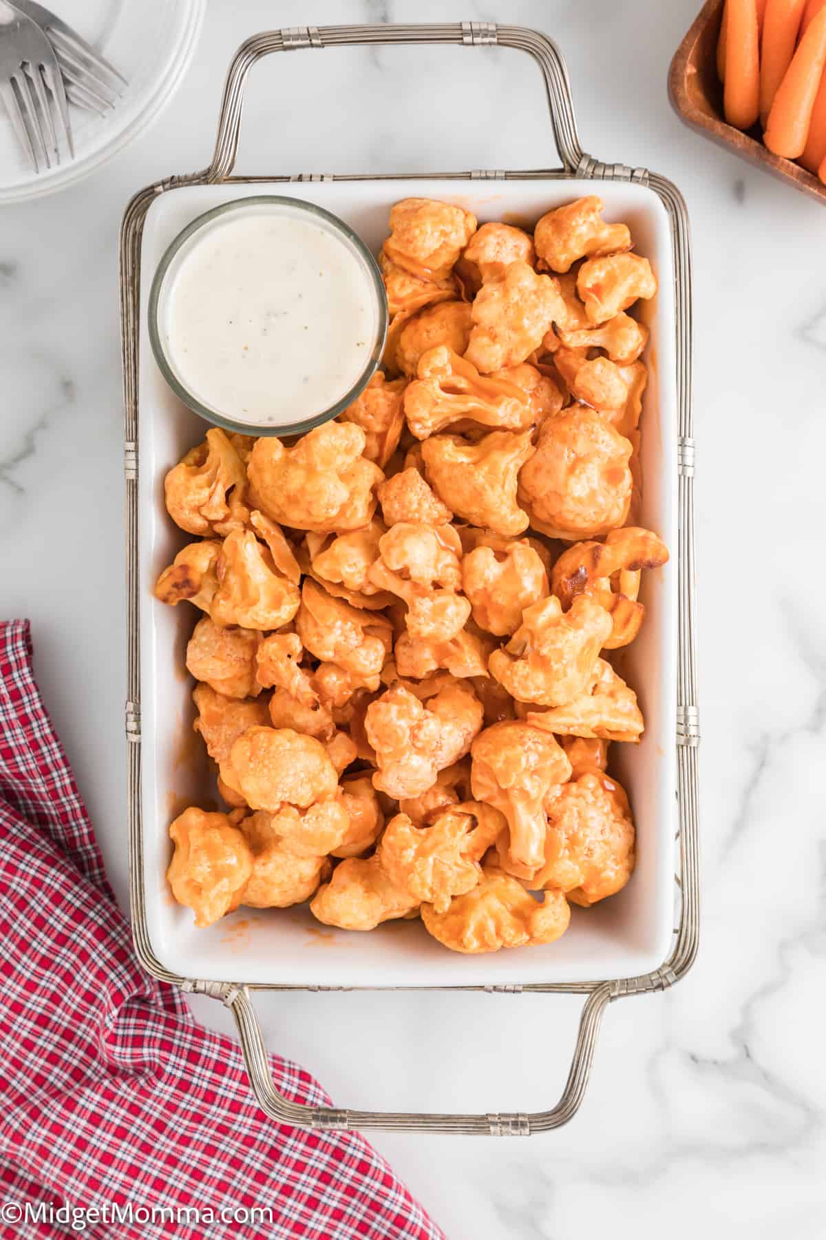 overhead photo of Oven Baked Spicy Buffalo Cauliflower Bites 