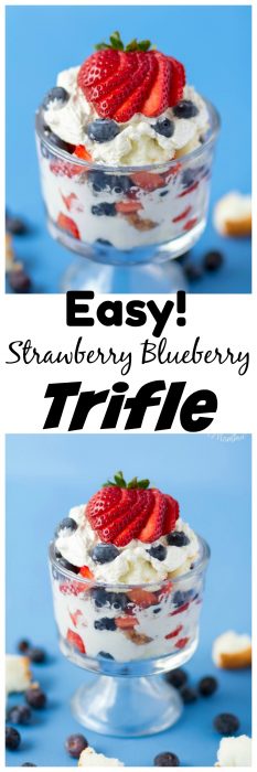 This Strawberry Blueberry Trilfe is a quick and Easy Red White and Blue dessert! It is the perfect patriotic dessert to make for a summer party or just because you want a tasty sweet easy dessert! #Dessert #Strawberry #Blueberry #4thofJulyDessert #EasyDessert #BerryDessert #Berries #AngelfoodCake